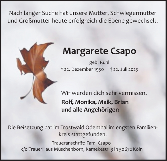 Anzeige von Margarete Csapo von Kölner Stadt-Anzeiger / Kölnische Rundschau / Express