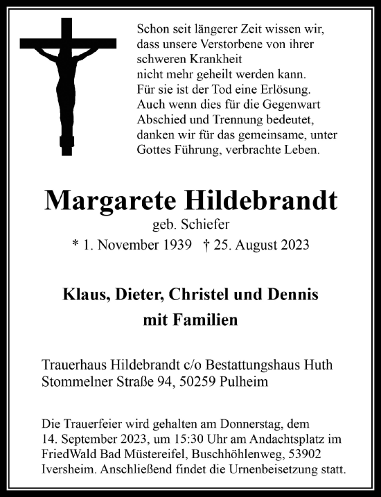 Anzeige von Margarete Hildebrandt von  Wochenende 