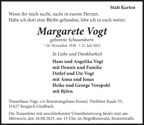 Anzeige von Margarete Vogt von  Bergisches Handelsblatt 