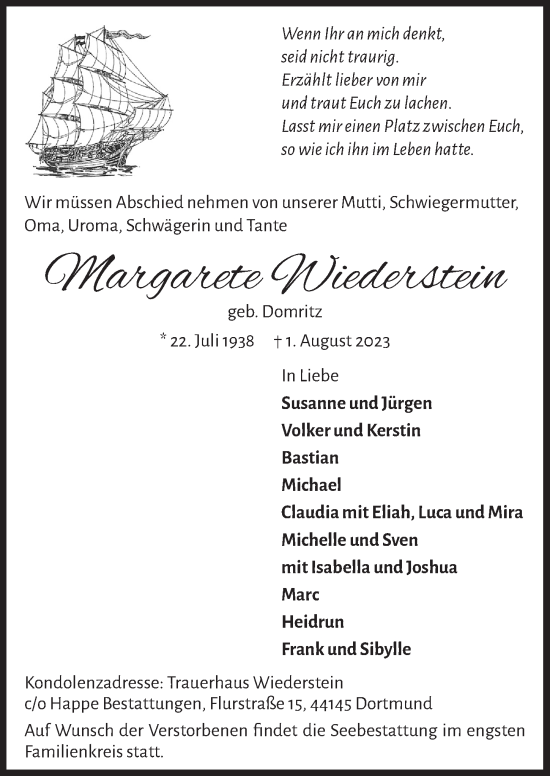 Anzeige von Margarete Wiederstein von  Lokalanzeiger 