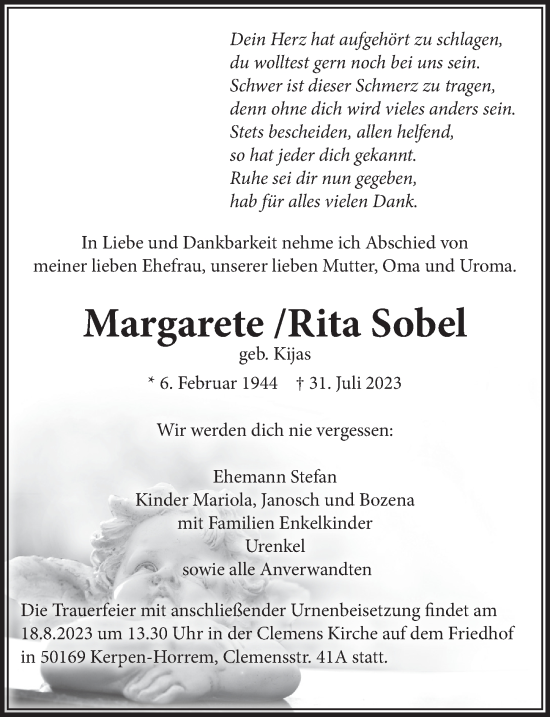 Anzeige von Margarete Rita Sobel von  Werbepost 