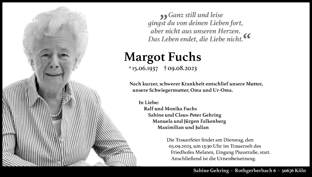  Traueranzeige für Margot Fuchs vom 26.08.2023 aus Kölner Stadt-Anzeiger / Kölnische Rundschau / Express