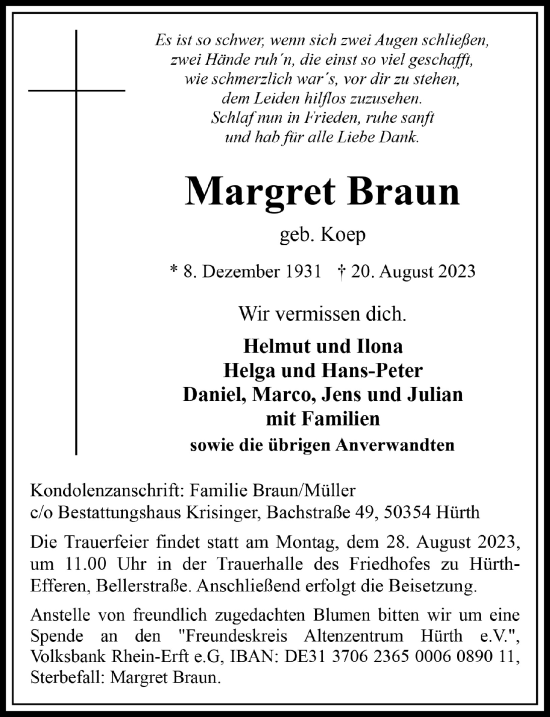 Anzeige von Margret Braun von  Wochenende 