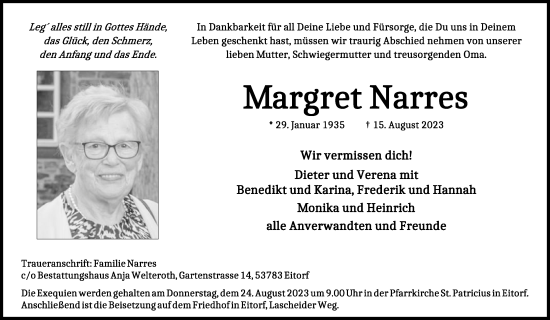 Anzeige von Margret Narres von Kölner Stadt-Anzeiger / Kölnische Rundschau / Express