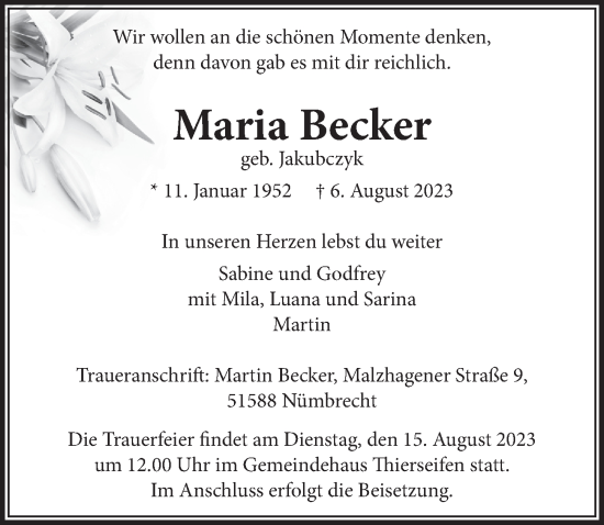 Anzeige von Maria Becker von  Lokalanzeiger 