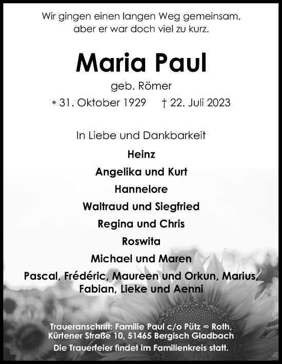 Anzeige von Maria Paul von Kölner Stadt-Anzeiger / Kölnische Rundschau / Express