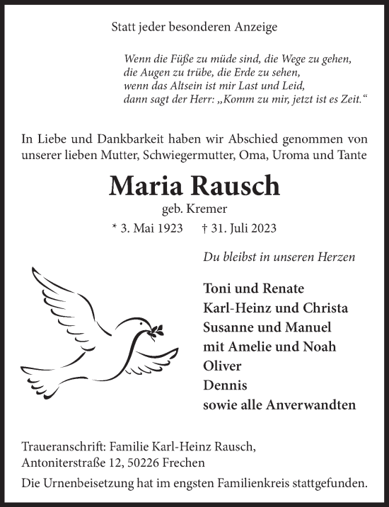 Anzeige von Maria Rausch von  Wochenende 