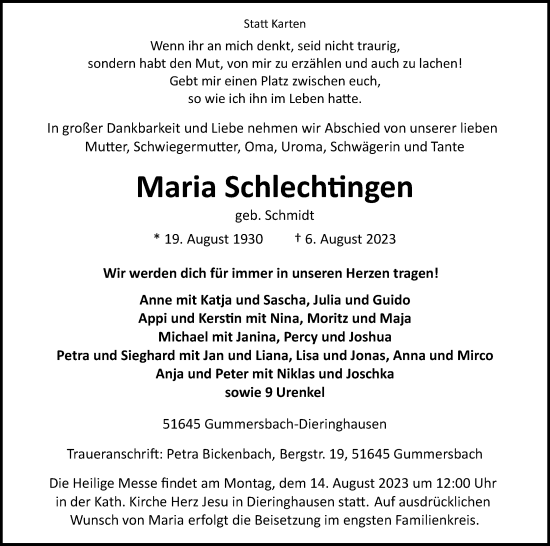 Anzeige von Maria Schlechtingen von Kölner Stadt-Anzeiger / Kölnische Rundschau / Express