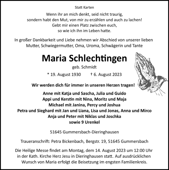 Anzeige von Maria Schlechtingen von  Anzeigen Echo 