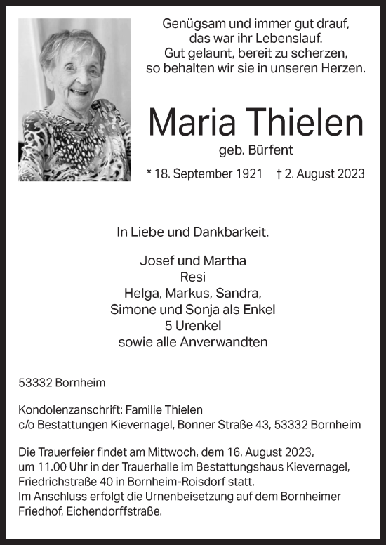 Anzeige von Maria Thielen von  Schaufenster/Blickpunkt 