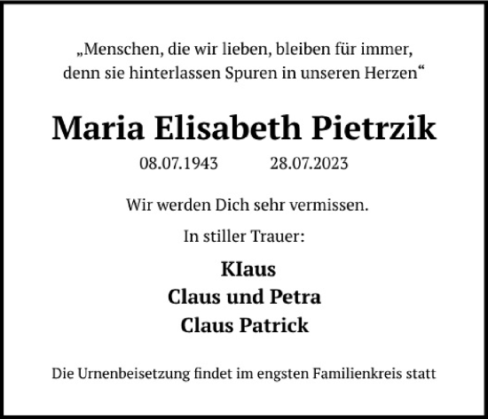 Anzeige von Maria Elisabeth Pietrzik von Kölner Stadt-Anzeiger / Kölnische Rundschau / Express