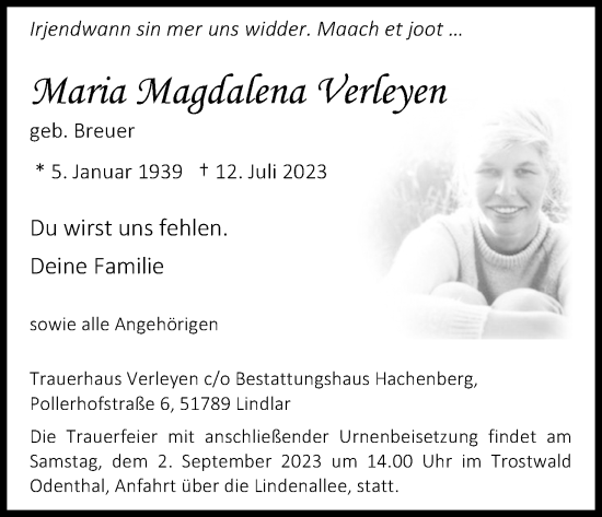 Anzeige von Maria Magdalena Verleyen von Kölner Stadt-Anzeiger / Kölnische Rundschau / Express