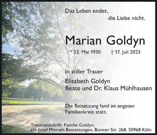 Anzeige von Marian Goldyn von Kölner Stadt-Anzeiger / Kölnische Rundschau / Express