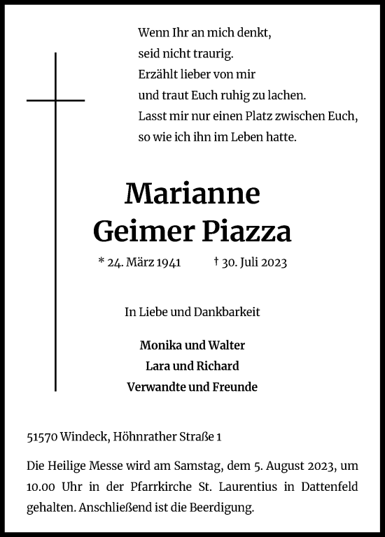 Anzeige von Marianne Geimer Piazza von Kölner Stadt-Anzeiger / Kölnische Rundschau / Express