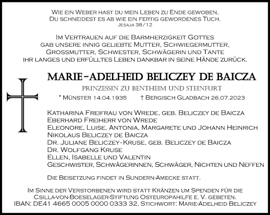 Anzeige von Marie-Adelheid Beliczey de Baicza von Kölner Stadt-Anzeiger / Kölnische Rundschau / Express