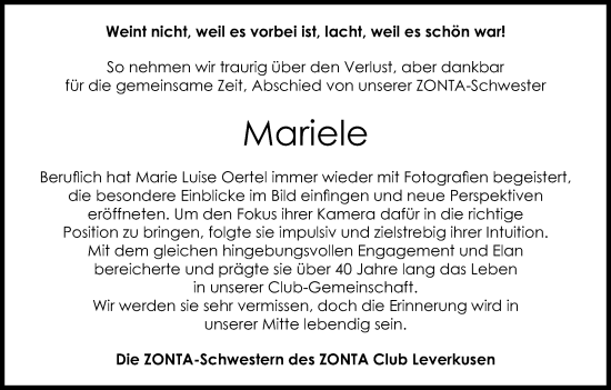 Anzeige von Mariele  von Kölner Stadt-Anzeiger / Kölnische Rundschau / Express