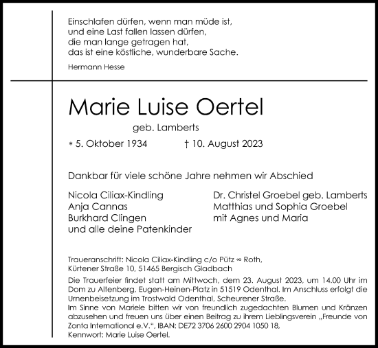 Anzeige von Marie Luise Oertel von Kölner Stadt-Anzeiger / Kölnische Rundschau / Express