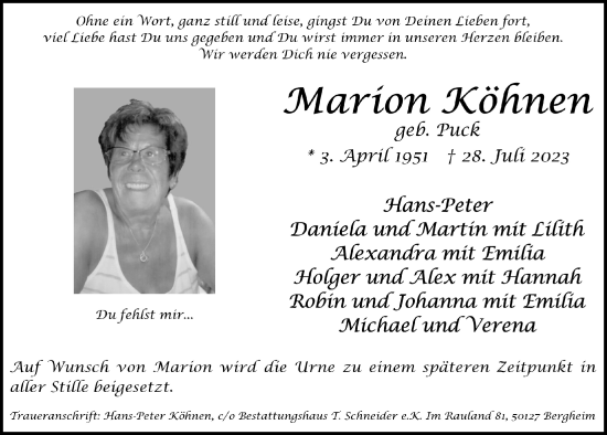 Anzeige von Marion Köhnen von  Werbepost 
