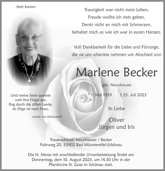 Anzeige von Marlene Becker von  Blickpunkt Euskirchen 