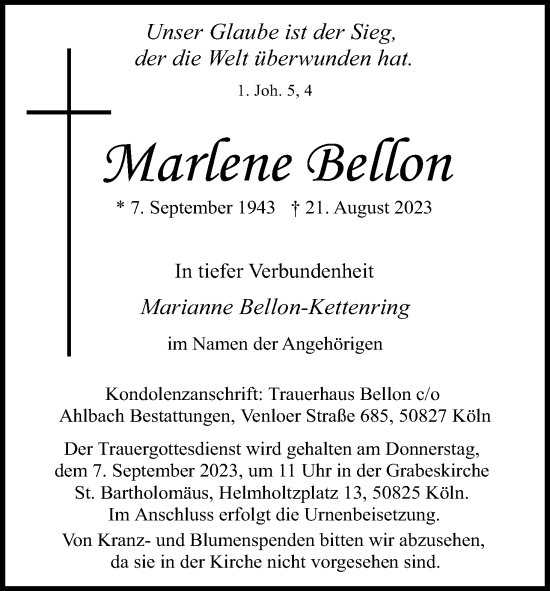 Anzeige von Marlene Bellon von Kölner Stadt-Anzeiger / Kölnische Rundschau / Express