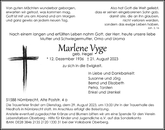 Anzeige von Marlene Vyge von  Lokalanzeiger 