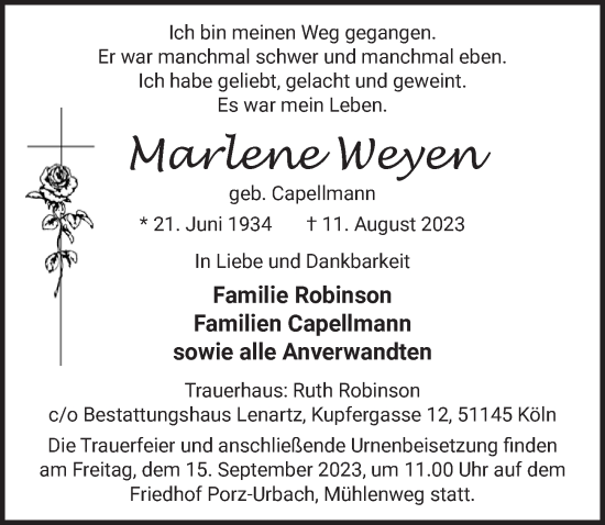 Anzeige von Marlene Weyen von  EXPRESS - Die Woche 