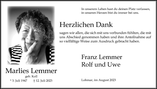 Anzeige von Marlies Lemmer von Kölner Stadt-Anzeiger / Kölnische Rundschau / Express
