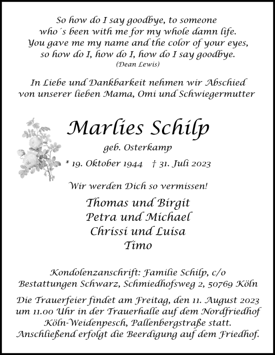Anzeige von Marlies Schilp von Kölner Stadt-Anzeiger / Kölnische Rundschau / Express