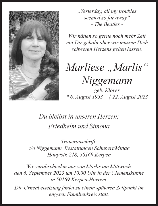 Anzeige von Marliese Niggemann von  Werbepost 