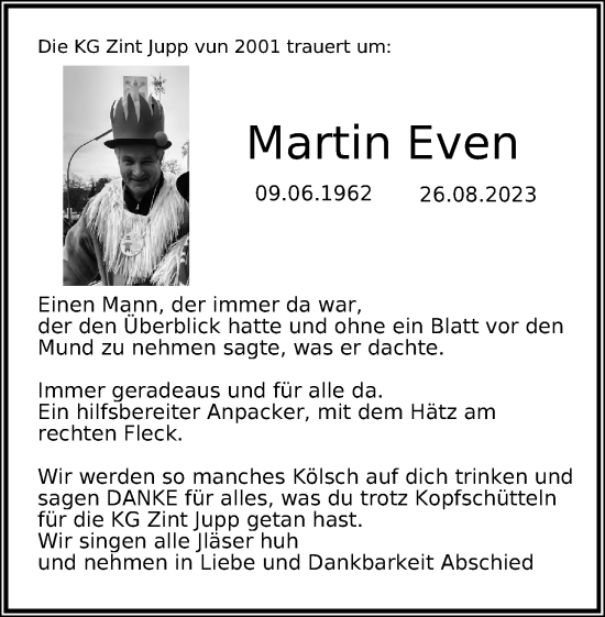 Anzeige von Martin Even von Kölner Stadt-Anzeiger / Kölnische Rundschau / Express