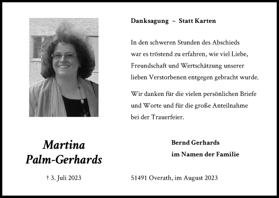 Anzeige von Martina Palm-Gerhards von Kölner Stadt-Anzeiger / Kölnische Rundschau / Express