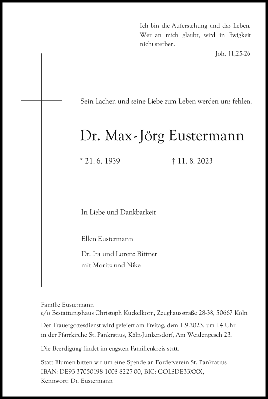 Anzeige von Max-Jörg Eustermann von Kölner Stadt-Anzeiger / Kölnische Rundschau / Express
