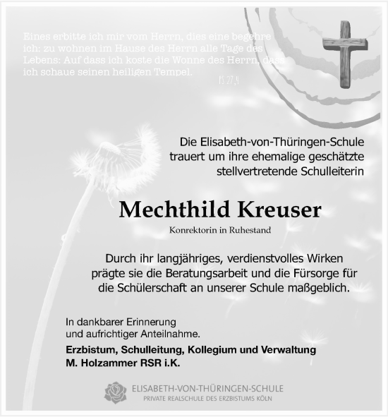 Anzeige von Mechthild Kreuser von Kölner Stadt-Anzeiger / Kölnische Rundschau / Express