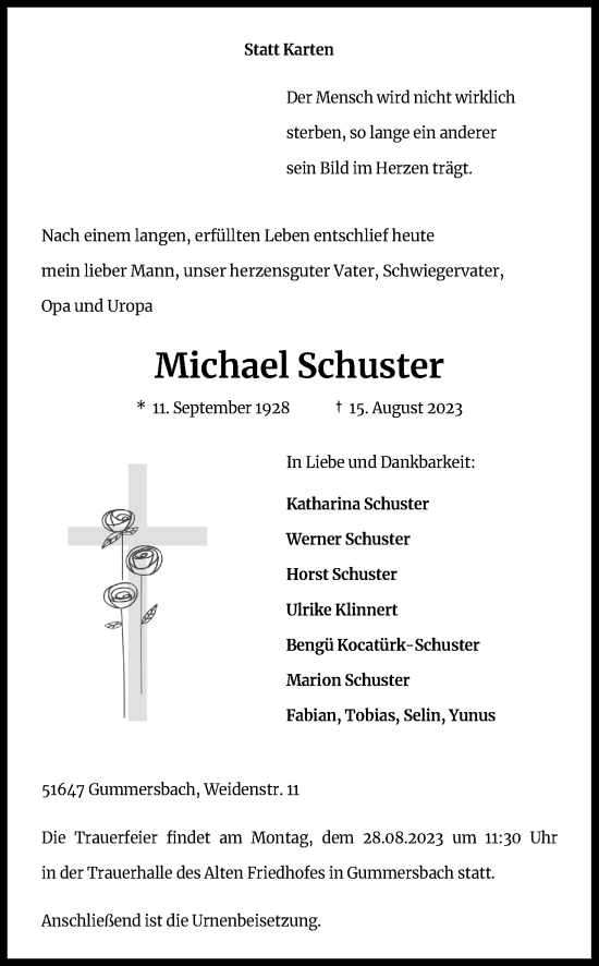Anzeige von Michael Schuster von Kölner Stadt-Anzeiger / Kölnische Rundschau / Express
