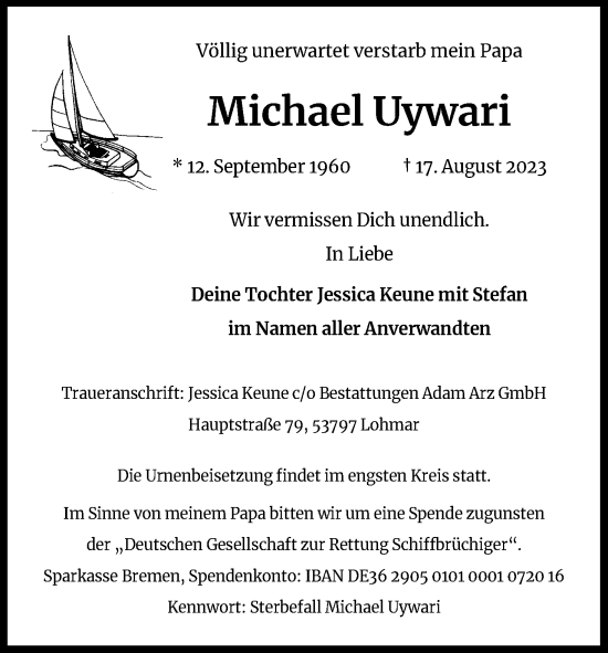 Anzeige von Michael Uywari von Kölner Stadt-Anzeiger / Kölnische Rundschau / Express
