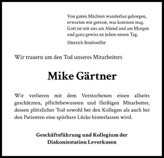 Anzeige von Mike Gärtner von Kölner Stadt-Anzeiger / Kölnische Rundschau / Express