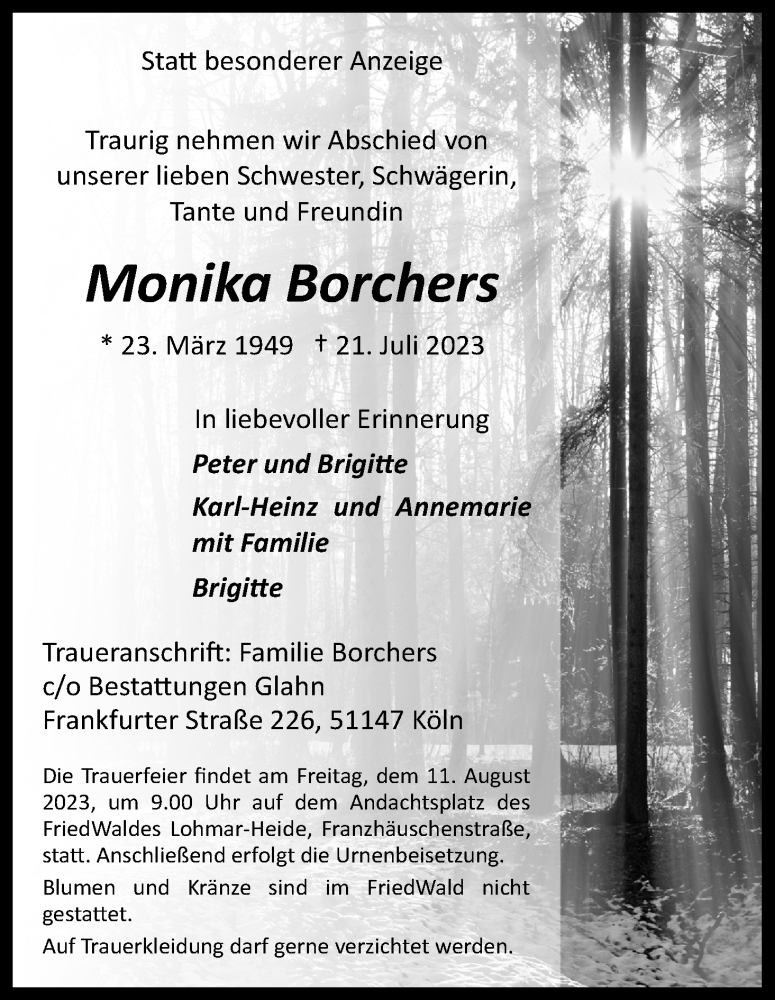  Traueranzeige für Monika Borchers vom 05.08.2023 aus Kölner Stadt-Anzeiger / Kölnische Rundschau / Express