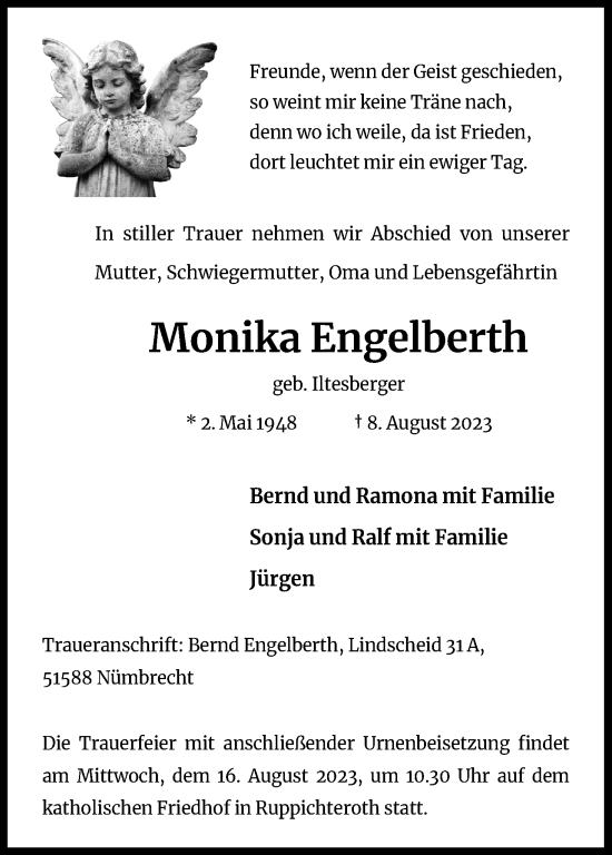 Anzeige von Monika Engelberth von Kölner Stadt-Anzeiger / Kölnische Rundschau / Express