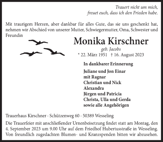 Anzeige von Monika Kirschner von  Schlossbote/Werbekurier 