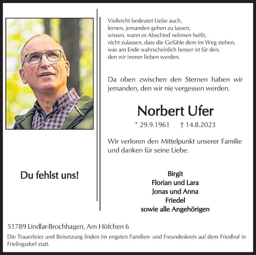  Traueranzeige für Norbert Ufer vom 19.08.2023 aus Kölner Stadt-Anzeiger / Kölnische Rundschau / Express