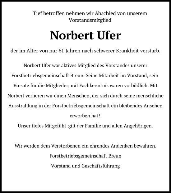 Anzeige von Norbert Ufer von Kölner Stadt-Anzeiger / Kölnische Rundschau / Express