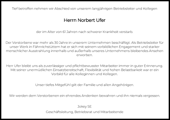Anzeige von Norbert Ufer von Kölner Stadt-Anzeiger / Kölnische Rundschau / Express