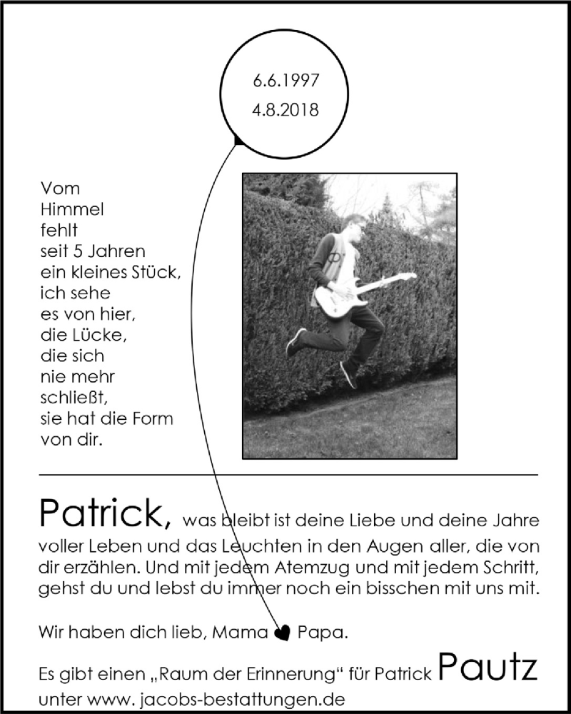  Traueranzeige für Patrick Pautz vom 18.07.2023 aus  Werbepost 