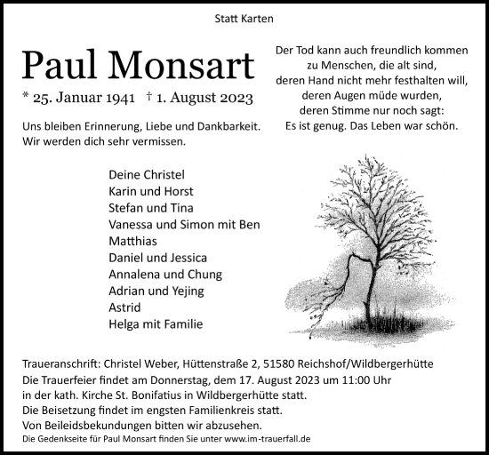 Anzeige von Paul Monsart von  Lokalanzeiger 