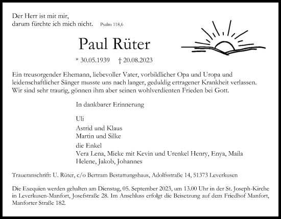 Anzeige von Paul Rüter von Kölner Stadt-Anzeiger / Kölnische Rundschau / Express