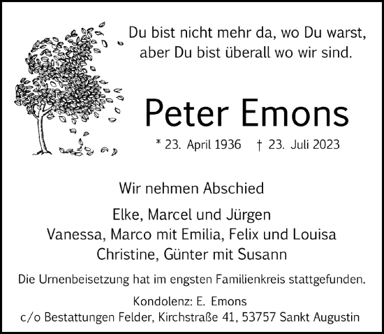 Anzeige von Peter Emons von  Extra Blatt 
