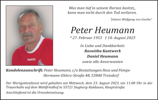 Anzeige von Peter Heumann von Kölner Stadt-Anzeiger / Kölnische Rundschau / Express