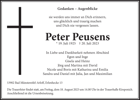 Anzeige von Peter Peusens von  Blickpunkt Euskirchen 