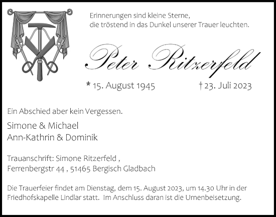 Anzeige von Peter Ritzerfeld von  Anzeigen Echo 