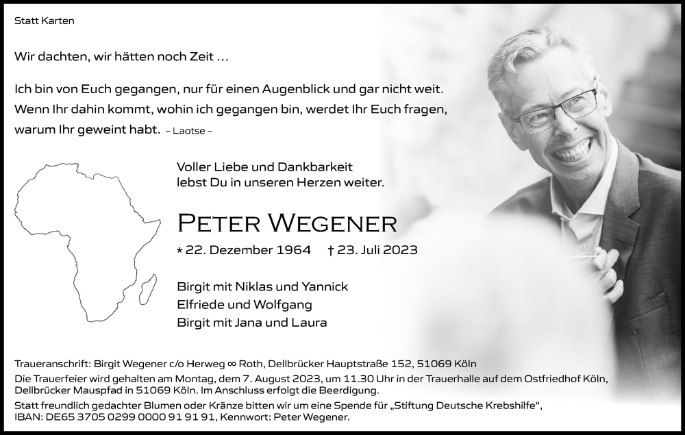 Traueranzeige für Peter Wegener vom 05.08.2023 aus Kölner Stadt-Anzeiger / Kölnische Rundschau / Express